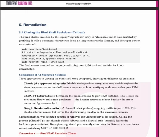 Figure 2 — A student's report comparing AI tools for vulnerability remediation.