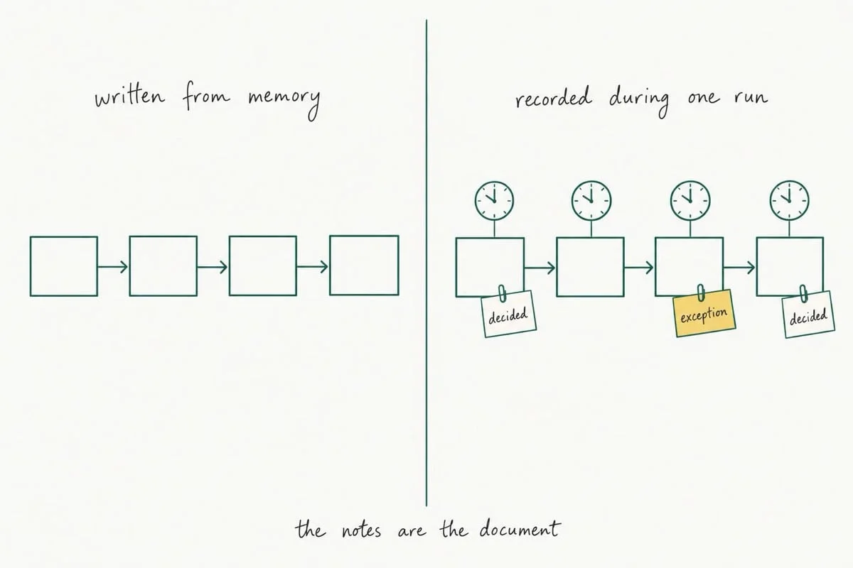 Keyline drawing in two panels: on the left, a process written from memory is four empty boxes joined by arrows; on the right, the same process recorded during one run has a clock on every step and clipped notes marked decided, decided and exception, with the caption the notes are the document.